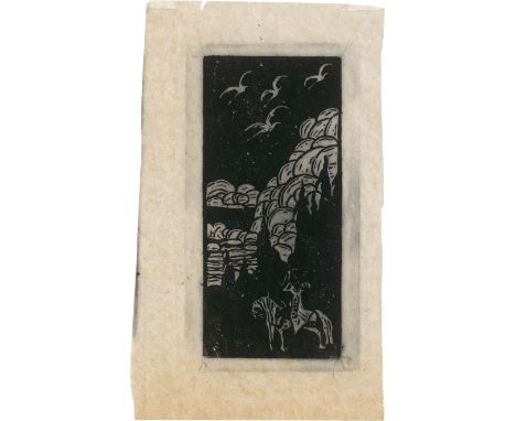Kandinsky, Wassily -- Die JagdHolzschnitt auf hauchdünnem, glatt-glänzendem Japan. 1903.11,9 x 5,5 cm (16,5 x 9,5/10 cm).Wohl