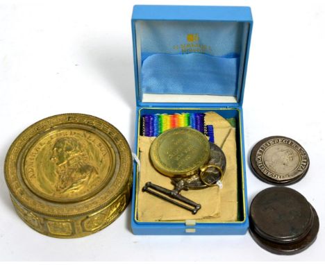 A gilt metal commemorative Nelson tobacco box, Elizabeth I shilling, six other coins and two First World War service medals a