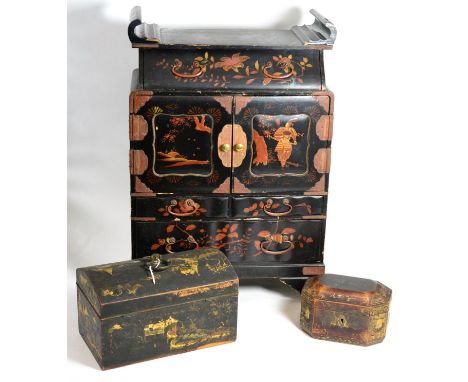 A Chinese lacquer tea caddy with pewter interior caddy; and English chinoiserie box with hinged domed cover; and a Japanese l