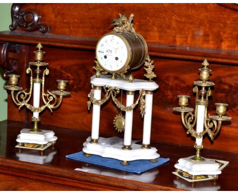 A French gilt metal mounted clock garniture, the enamel dial signed Boullier, Bourges