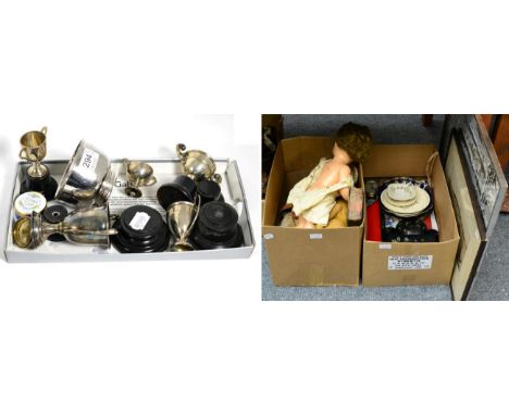 A group of miscellaneous including a silver bowl, five silver trophy cups, teddy bears, military engineers books and badges, 