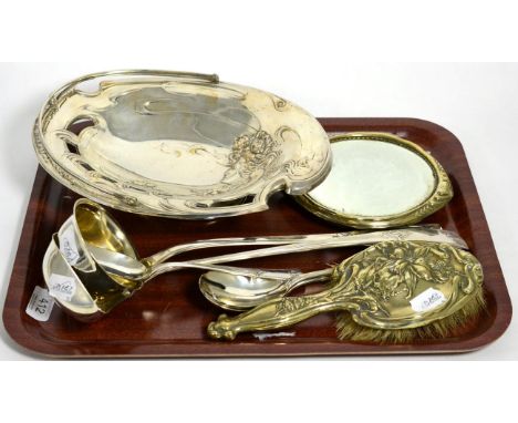 An Art Nouveau plated hand mirror and brush, cast with flowers, stamped E.P.N.S, 24cm and 30cm; an Art Nouveau cake basket, c