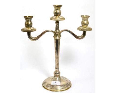 An Italian white metal 800 standard three light candelabrum, 36cm high, 10ozt