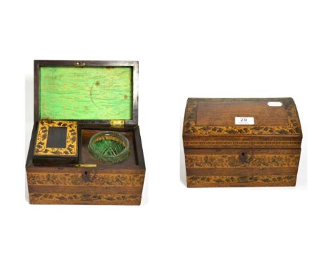 A Tunbridge ware tea caddy, the rosewood box with an indented caddy and a cut glass mixing bowl (a.f.) 