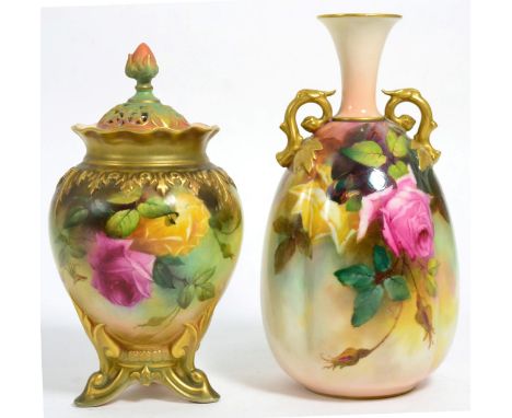 A Royal Worcester twin handled vase painted with roses; and a similarly decorated vase with associated cover (2) 