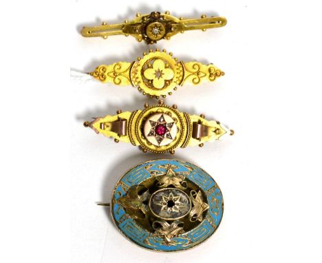 A Victorian diamond set brooch, stamped '15ct', a 9ct gold example, another and an enamel brooch