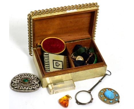 A shagreen cigarette box containing an assortment of costume jewellery, Dunhill lighter etc 