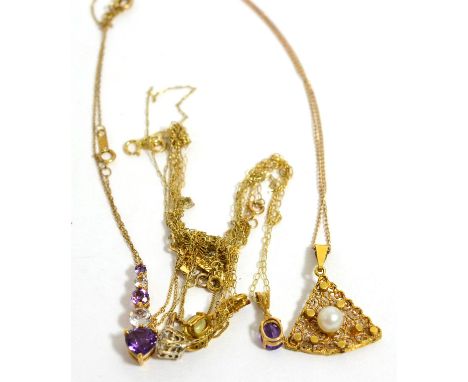 A 9ct gold citrine and diamond pendant on chain, a 9ct gold cubic zirconia pendant on chain, an amethyst and cubic zirconia p