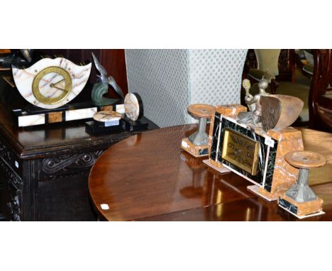 Two Art Deco style marble and metalware clock garnitures (a.f)