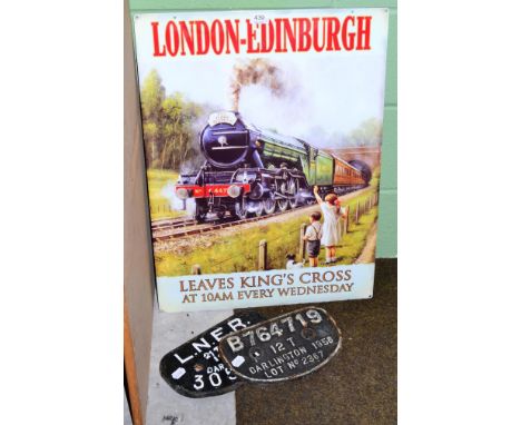 A reproduction Flying Scotsman enamel sign, together with two locomotive plates (3) 