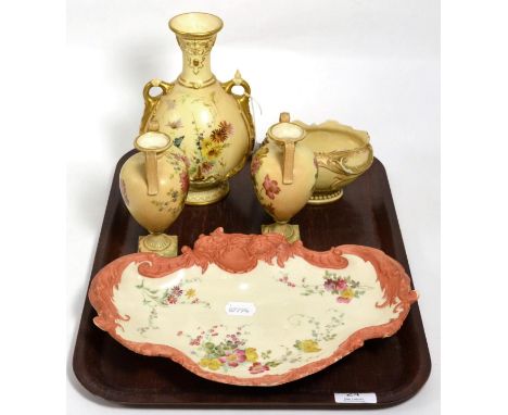 A pair of Royal Worcester vases, a larger example, an oval bowl and a shaped dish (a.f.) 