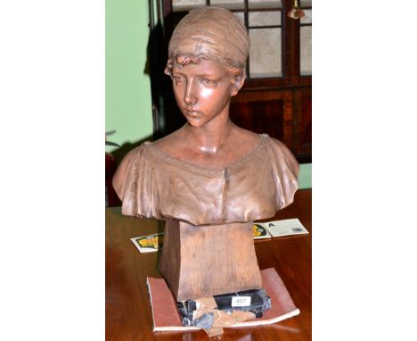 A reproduction bust after R. Aurili of a young woman, with separate marble base
