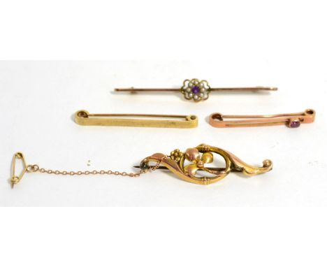 An Art Nouveau brooch, an amethyst and seed pearl bar brooch and two other brooches, stamped '9CT' (4)9g gross