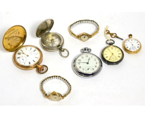 An 18ct gold fob watch, two 9ct gold lady's wristwatches, a full hunter plated pocket watch, compass, fob watch with case sta