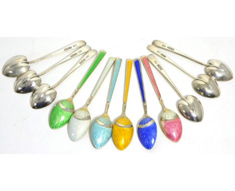 A set of six silver and enamel coffee spoons, together with a set of six Art Nouveau coffee spoons with leaf form bowls