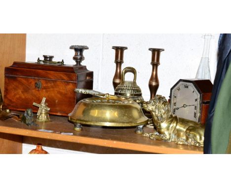An Art Deco mantel timepiece, a mahogany George III three division tea caddy, a pair of 19th century brass candlesticks etc 
