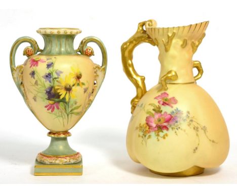 A Royal Worcester blush ivory ewer with naturalistic handle and a twin handled pedestal vase (2) 