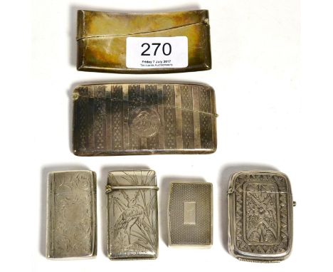 A group of silver cases and boxes comprising: a combination snuff box/vesta and cutter by Nathaniel Mills, 1857, a modern snu