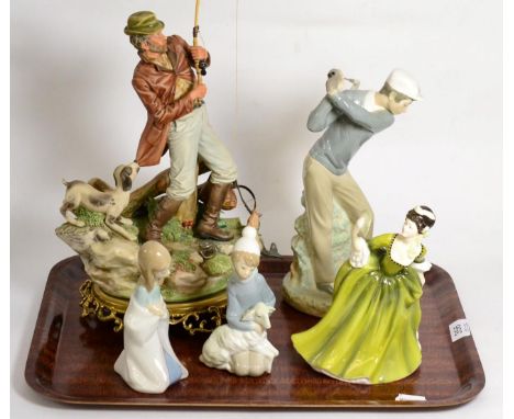 A Lladro model of a golfer; two further models; a Capodimonte fishermen and a Royal Doulton figure 