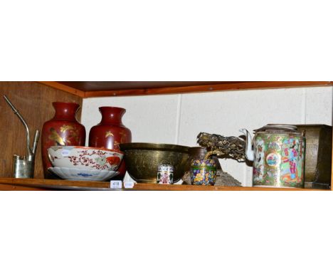 Assorted oriental items including Imari porcelain; Canton porcelain teapot; enamelled vases; opium pipe etc 