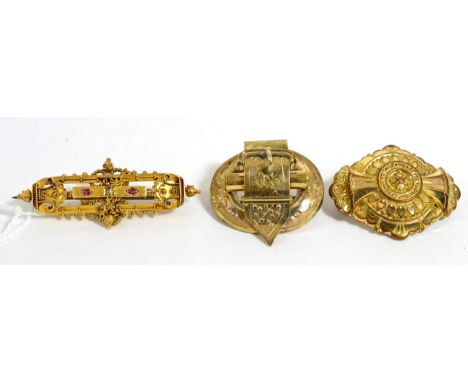 A Victorian 15ct gold ruby and diamond brooch and two other Victorian brooches (3)