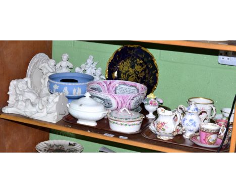 A shelf of decorative ceramics including a reproduction Sunderland lustre bowl, a Wedgwood bowl, Royal Crown Derby, Parian, C