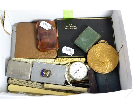 A small box of collectables including a 19th century Chinese ivory brise fan, a bone brise powder, compacts, pencils, travell