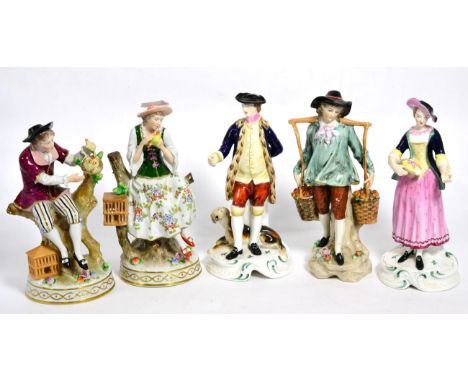 A pair of Sitzendorf china figure, a pair of Spode china figures  and a Dresden style figure group  