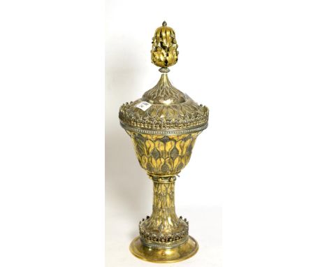 Elkington & Co gilt metal pedestal cup and cover in 16th century style, with oak leaf finial, cast with pine cones and leaves