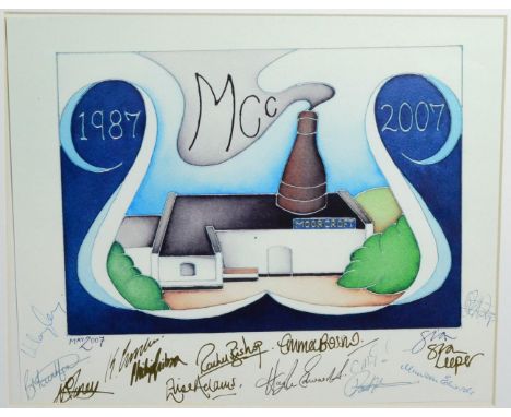 A Moorcroft Collectors Club twenty years celebration print signed by a number of designers including Philip Gibson, Emma Boss