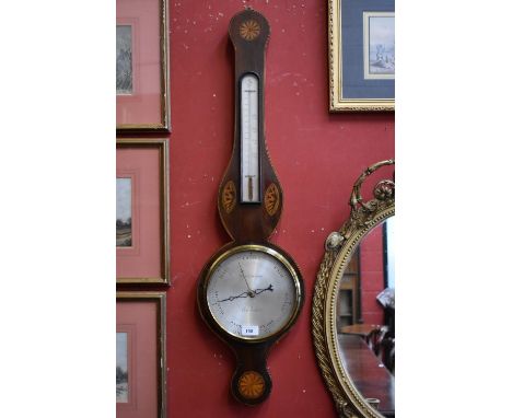 A 19th century mahogany and marquetry wheel barometer, 20cm silvered register inscribed Tettamanzi, Colchester, alcohol therm