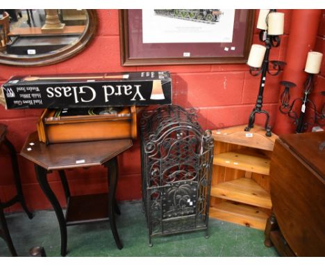 A pine corner cupboard; a mahogany occasional table; a Yard of Ale drinking glass, boxed; a wall clock; a metal wine rack; tw