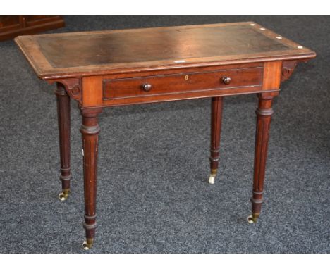 A Victorian mahogany rounded rectangular writing table, moulded oversailing top with inset leather writing surface, above a l