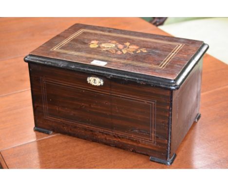 A 19th century rosewood, marquetry and scumbled rounded rectangular music box, 15.5cm barrel playing on a one-piece comb, cra