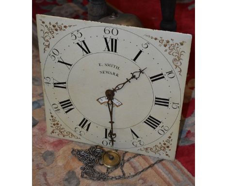 A George III longcase clock movement, 30.5cm square enamel dial inscribed E Smith, Newark, Roman and subsidiary Arabic numera