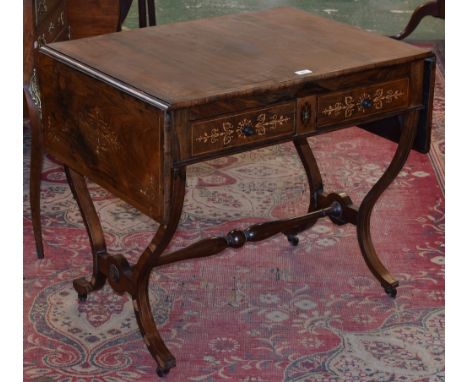 A 19th century rosewood and marquetry sofa table, rectangular top with fall leaves, above a pair of frieze drawers, inlaid wi