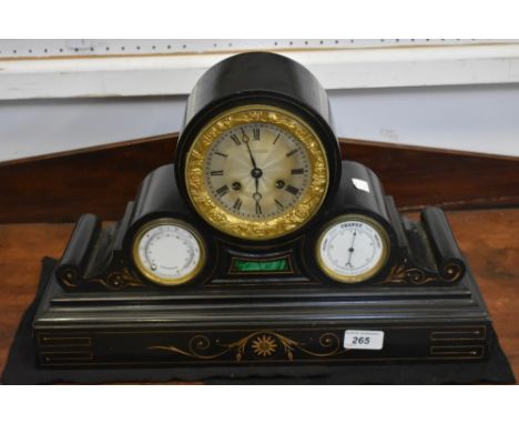 A 19th century Belge noir combination mantel clock, barometer and thermometer, 10cm diam engine-turned silvered dial inscribe