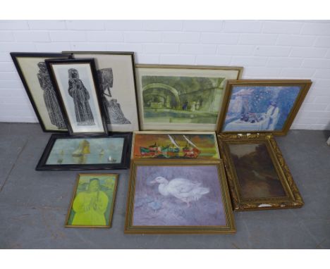 A quantity of framed prints and artworks, to include William Russel Flint artist proof signed print, (a lot)
