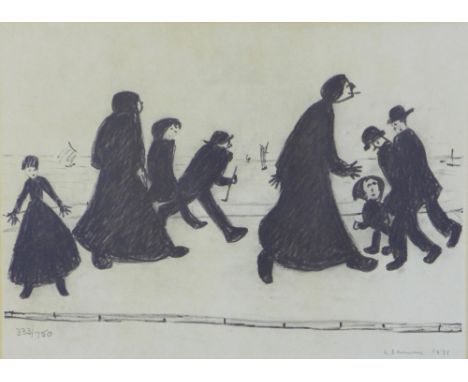L.S. LOWRY R.A. (BRITISH 1887-1976) ON A PROMENADE, print numbered 333/750, framed under glass, 41 x 30cm 