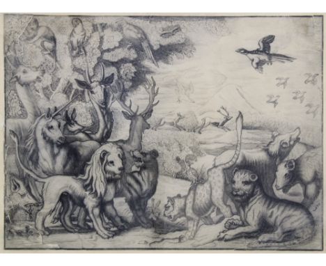 After Francis Barlow, (c.1626-1704) untitled print of fantastic animals, with a monogram, framed under glass, 30 x 22cm (a/f)