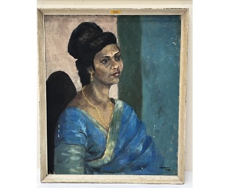 20TH CENTURY SCHOOL. A portrait of an Indian lady. Indistinctly signed and dated 1966. Oil on board 23½" x 19½".