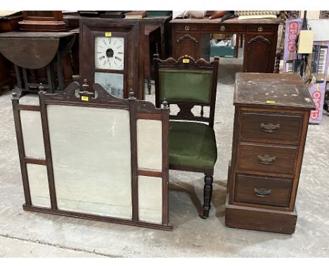 A pair of Victorian dining chairs; an overmantle; an American wall clock (AF) and a three drawer chest (4).