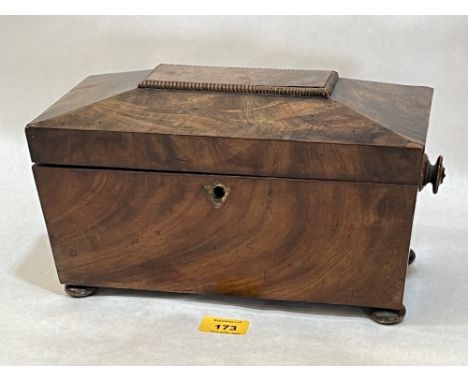 A Regency mahogany sarcophagus tea caddy, 12" wide.