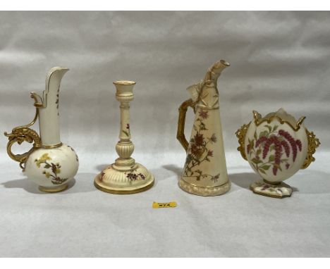 Four items of Royal Worcester blush ivory ceramics, the candlestick 7½" high.