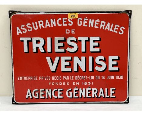 A French enamel sign for Assurances Generales de Trieste Venise. 14½" x 18½"