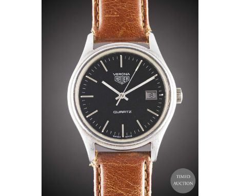 A GENTLEMANS STAINLESS STEEL HEUER VERONA WRIST WATCH
CIRCA 1980, REF. 361.213 WITH BLACK DIAL
Movement:&nbsp;7J, quartz, qui