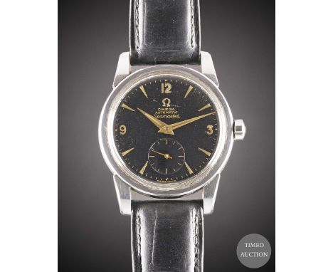A GENTLEMAN'S STAINLESS STEEL OMEGA SEAMASTER AUTOMATIC WRIST WATCH
CIRCA 1954, REF. 2846 / 2848 SC BLACK DIAL WITH GILT FONT