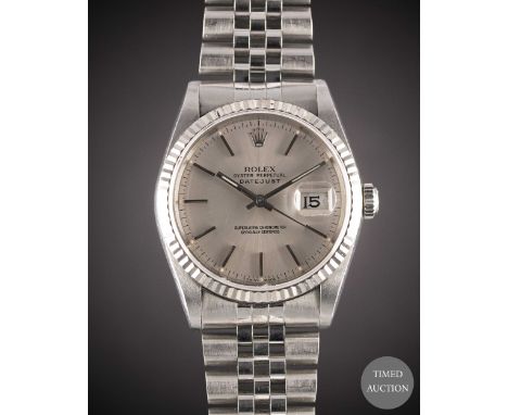 A GENTLEMAN'S STEEL &amp; WHITE GOLD ROLEX OYSTER PERPETUAL DATEJUST BRACELET WATCH
CIRCA 1994, REF. 16234 SILVER DIAL, WITH 