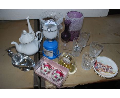 A box of glass, gas light, tumblers, teapot etc.