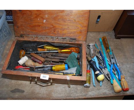A wooden box of various hand tools etc.